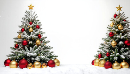 Two small Christmas trees decorated with red and gold ornaments on a white background with a shallow focus, conveying a festive and merry Christmas mood.