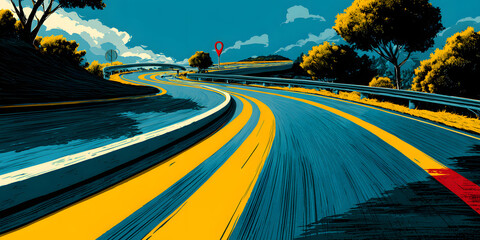 Creative vector illustration of winding curved road. Art design. Highway with markings. Direction, transportation set. Abstract concept graphic element. Way location infographic template. Pin pointer