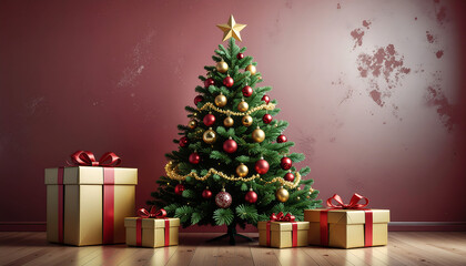 A decorated Christmas tree with gifts on a wooden floor against a red wall with a star on top, conveying a merry Christmas mood with warm tones.
