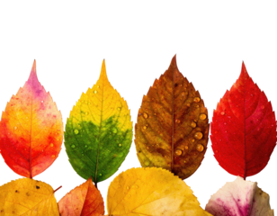 Colorful autumn leaves in a row with water drops, isolated against a black background