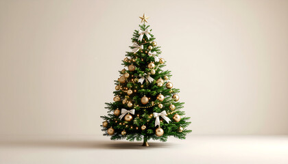 A decorated Christmas tree stands alone on a plain beige background with gold ornaments and a star on top, conveying a merry Christmas mood with warm tones.