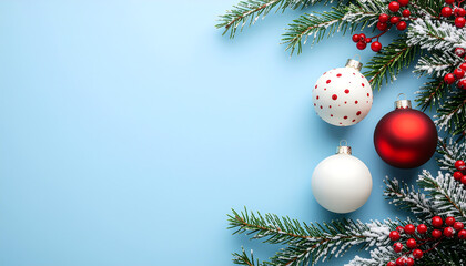 A festive Christmas arrangement featuring pine branches, red berries, and colorful ornaments on a light blue background with a merry atmosphere.