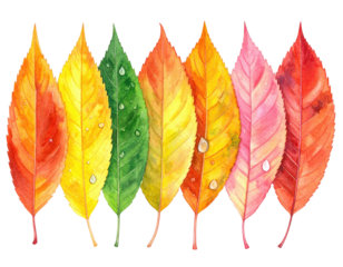 Watercolor depiction of seven stylized leaves showcasing the vibrant transitions of foliage