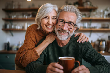 Smiling senior couple sitting together in a cozy kitchen, with the woman embracing the man from behind as he holds a warm drink, both sharing a joyful and affectionate moment indoors.