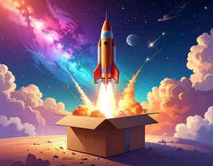 Rocket Launching from a Box - Think Outside the Box Concept.