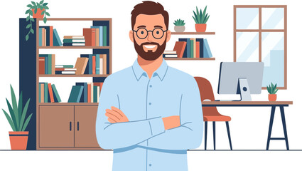Naklejka premium Professional male with glasses standing confidently in a modern home office backdrop with bookshelves and a computer system for remote work or study