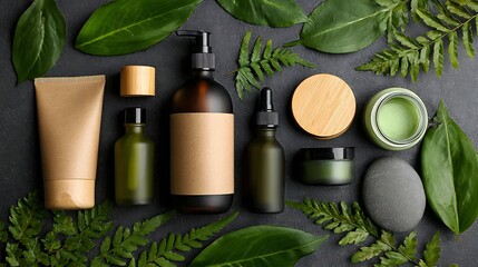Natural Green Skincare Products with Leaves and Stones on Dark Background