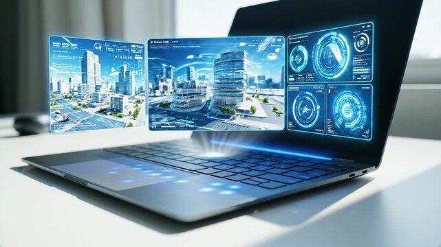 Laptop projecting holographic displays of cityscapes and futuristic dashboards
