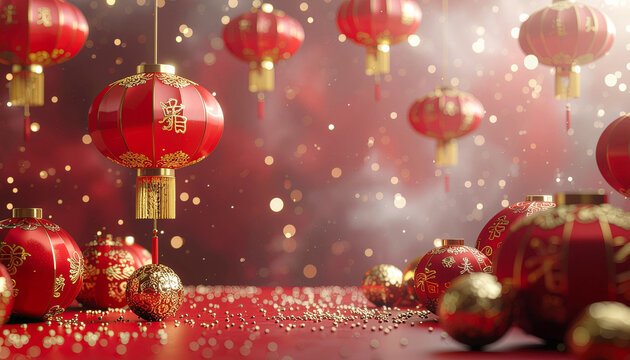 Festive red and gold chinese lanterns and bokeh lights background. Great for chinese new year, festive decorations, or cultural celebrations.