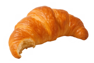 Half-eaten golden croissant showing flaky layers, a delicious breakfast pastry, isolated on transparent background