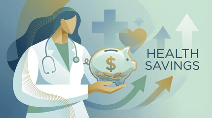 Health savings concept with female medical professional holding glass piggy bank with coin inside, arrows and health icons indicating financial growth and care
