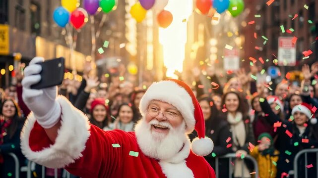 Smiling santa claus man taking a selfie during a Christmas parade with falling confetti and festive balloons, celebrating holiday cheer
