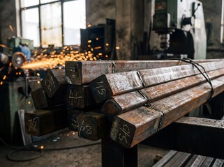 Rough industrial steel beams stacked in a factory workshop with bright grinding sparks in the background.