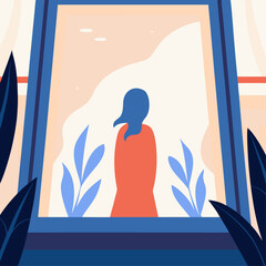 Obraz premium Woman Looking out of a Window Surrounded by Plants and Colors