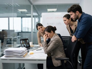 Stressed business team facing urgent deadlines and budget cuts during an intense office meeting.