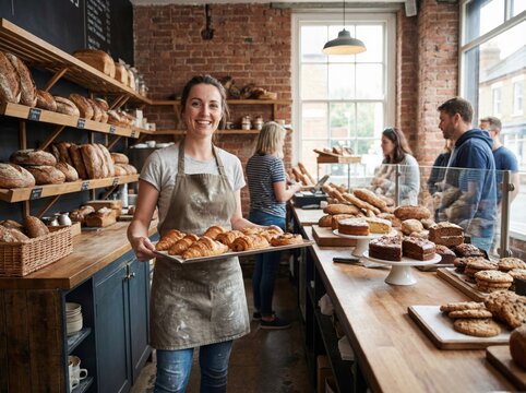 Smiling female owner proudly holds a tray of freshly baked croissants in her bustling artisan bakery. - Powered by Adobe