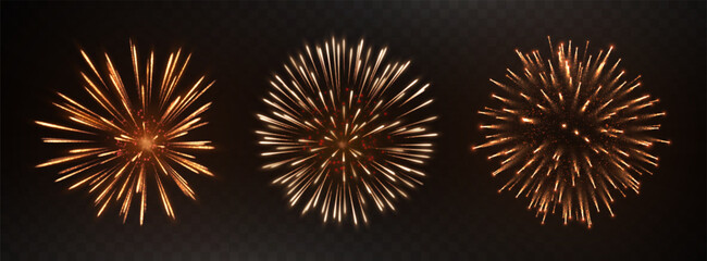 Obraz premium Fireworks set. Glittering firework bursts. Explosive pyrotechnic celebrations with sparkling effects. Bright firework explosions. Isolated graphic element set for festive design. Vector illustration.