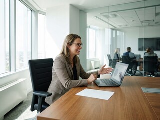 Confident businesswoman explaining data on laptop during a collaborative meeting in a modern corporate office.