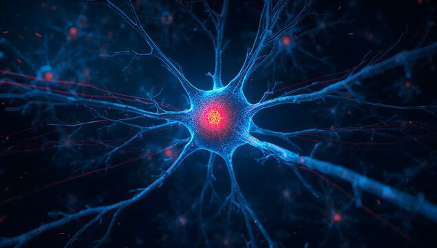 Abstract blue neuron cell with glowing red nucleus and electrical impulses in digital network background