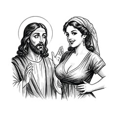 Engraving of Jesus and a Pin-up Woman