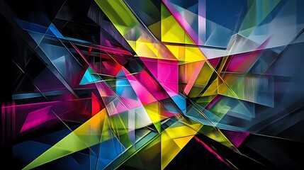Abstract geometric background with vibrant colorful polygonal shapes, modern digital art design, overlapping translucent facets and lines.