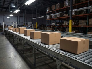 Cardboard boxes moving along an automated roller conveyor system inside a large industrial warehouse.