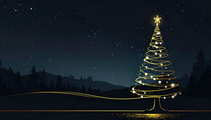 Christmas tree light decoration glowing at night with star on top and dark forest background under starry sky