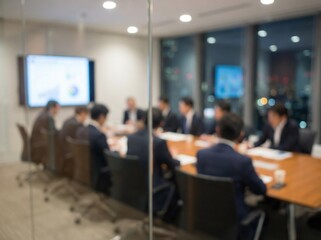 Blurred Business Professionals Meeting and Collaborating in a Modern Corporate Conference Room Setting.