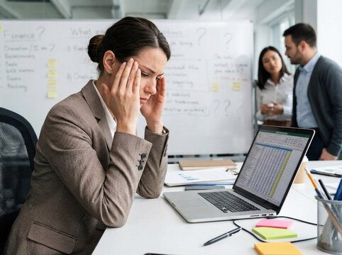 Professional businesswoman experiencing stress and pressure while working on a laptop in a corporate office environment. - Powered by Adobe