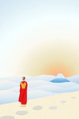 New Year Illustration with Mt. Fuji, Sea of Clouds, Sunrise and Woman in Kimono
