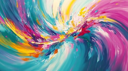 Vibrant abstract painting with dynamic swirling brushstrokes in pink, yellow, blue, and teal.