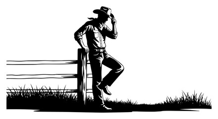 Silhouette of cowboy leaning on wooden fence tipping hat vector illustration
