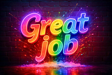 Neon rainbow great job text glowing on a dark brick wall with vibrant paint splashes and festive creative energy