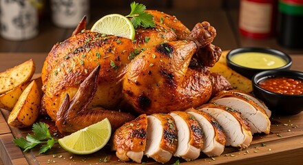 Delicious whole roasted chicken sliced on a wooden board with sauces.