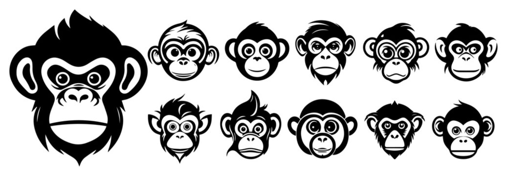 Set of cartoon monkey and chimpanzee head mascots with expressions vector illustration