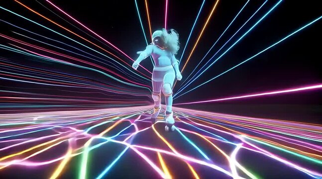 Futuristic neon wireframe woman roller skating in virtual reality cyberspace