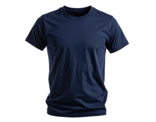 Plain, navy blue short-sleeved t-shirt isolated on a black background, with visible texture