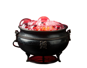 Antique cauldron with bubbling, red, glowing liquid. Black background, perfect for a spooky Halloween
