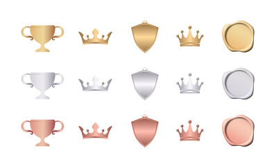 ゴールドとシルバーとブロンズ（ピンクゴールド）の3色で展開された、トロフィー・王冠・盾・シーリングワックスの高級感あるアイコンセット、ランキングやゲームUIに最適なベクターイラスト