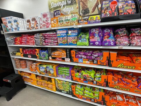 Grocery store Halloween candy display side view
