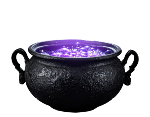 Black cauldron containing bubbling, glowing, purple liquid, handles on sides, isolated on black