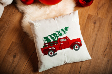Festive Cushion with Vintage Red Truck and Christmas Tree Embroidery