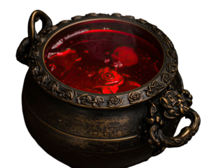 Ornate cauldron with bubbling, crimson liquid, possibly a potion. Dark background. Steam rising