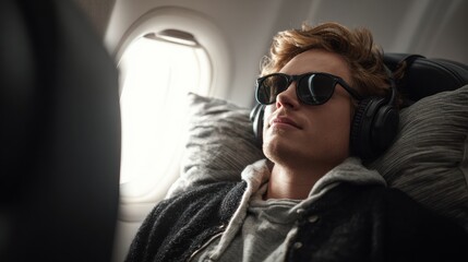 Male Passenger Enjoys Music and Pillow During Flight While Seated in Airplane Armchair Near Window