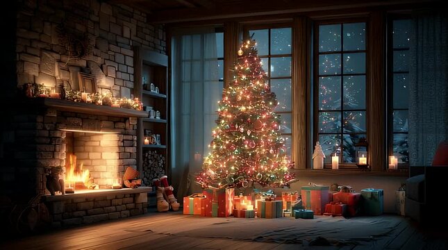 Cozy Christmas A Warm Home Scene with Glowing Tree and Fireplace