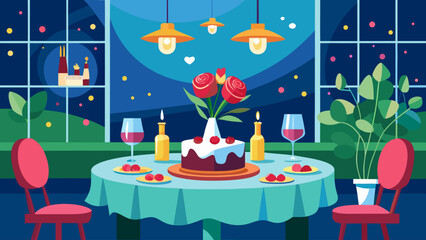 Celebration Dinner With Cake and Flowers at Night in a Cozy Room
