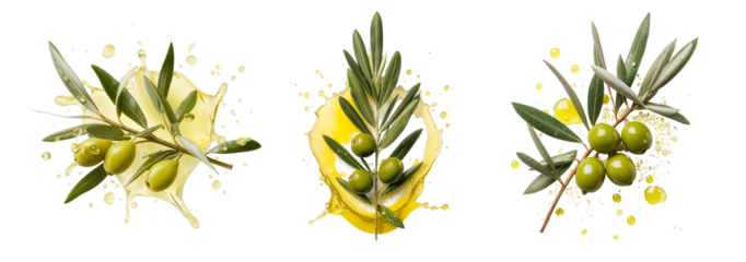 Olive branch with oil splashes isolated on a transparent background