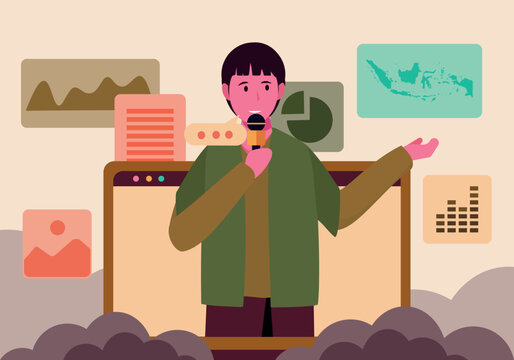 Vector illustration of a journalist reporting with microphone and presenting data in a modern media and communication scene