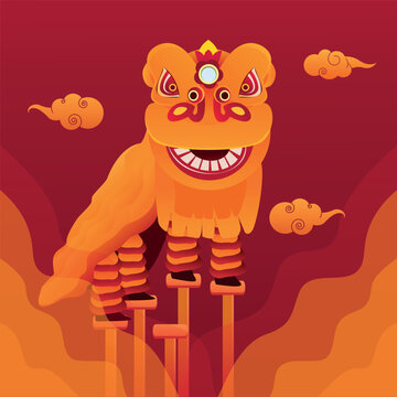 Festive lion dance vector illustration celebrating Chinese New Year