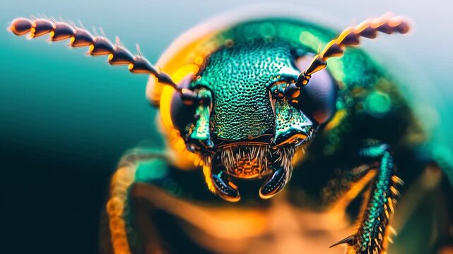 Beetle's Gaze: A close-up portrait of a resplendent green beetle, highlighting its intricate eyes and iridescent shell, captures the intricate beauty of the insect world.